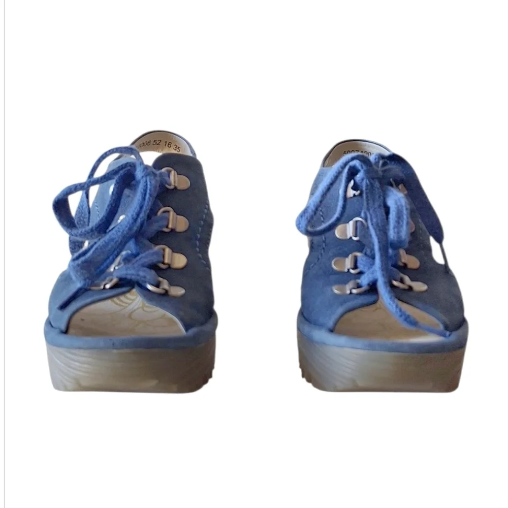 Fly London Blue Suede Wedges Lace Up EU 35  Girls 3.5  Womens 5